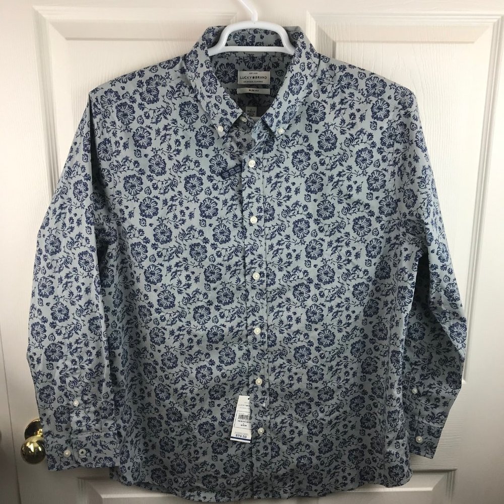 NWT Men's Lucky Brand Slim Fit Floral Shirt Blue